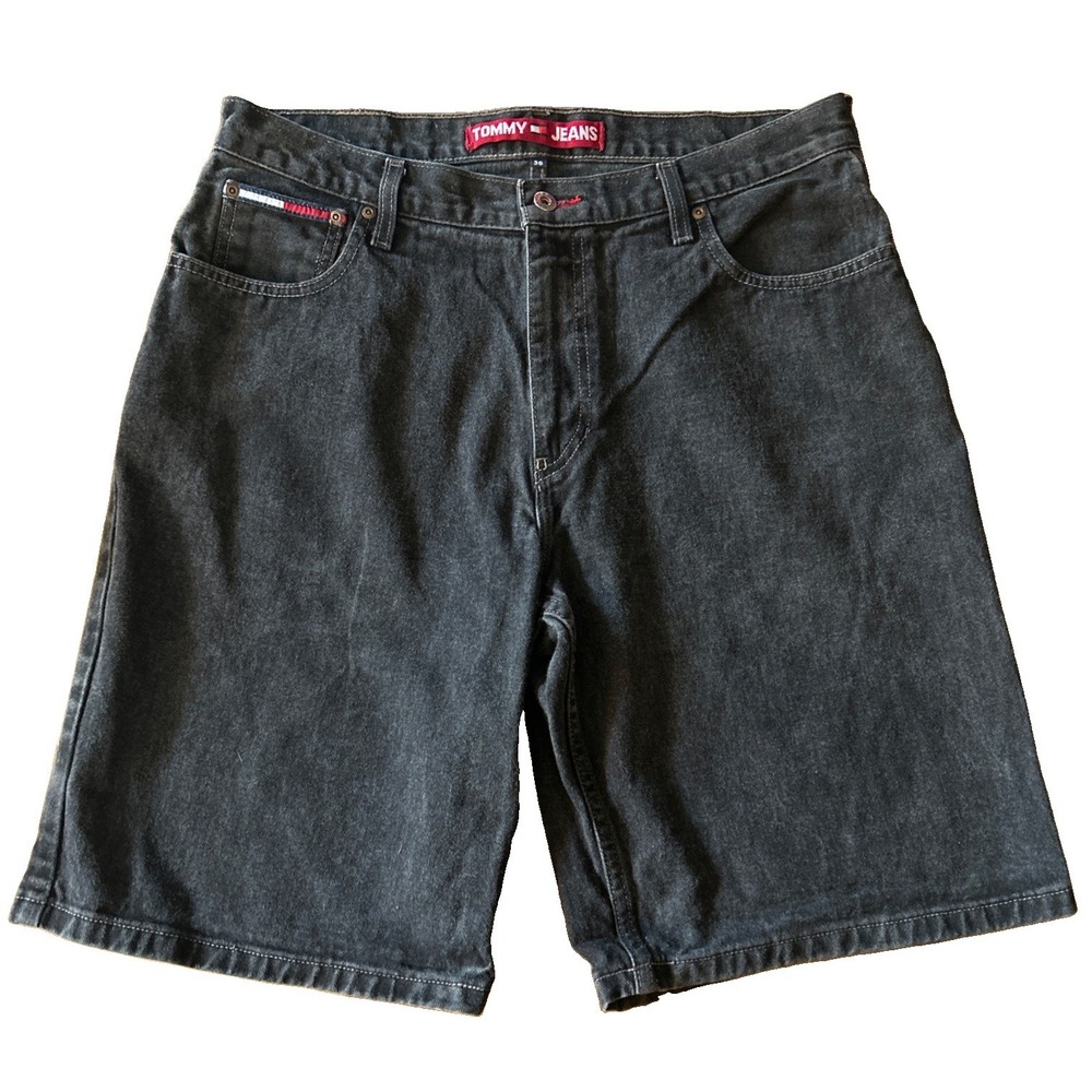 Vintage Tommy Hilfiger Shorts Mens 36 Black Denim Flag Jorts 90s Baggy Skate